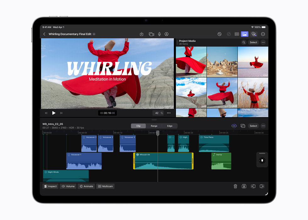 Footage from a documentary film is edited using the app Final Cut Pro on iPad Air with M4.