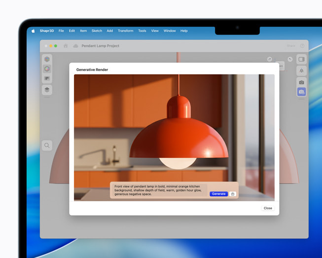 MacBook Air shows a Shapr3D screen featuring a render of an orange pendant lamp.