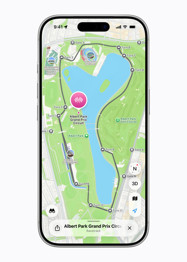 iPhone shows an Apple Maps screen featuring an overview of the Australian Grand Prix track.