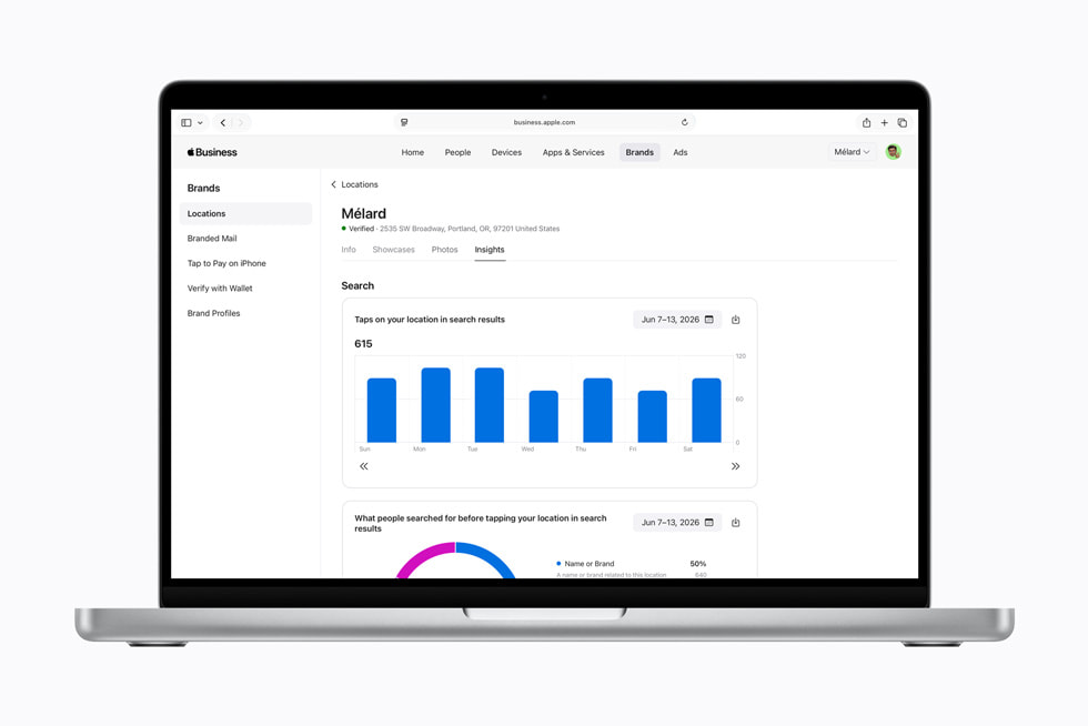 In the Apple Business platform on Mac, a screen showing a business’s location insights are shown.