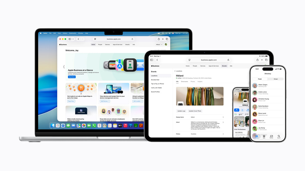 MacBook Air, iPad Pro, and iPhone 17 Pro devices show the Apple Business platform.