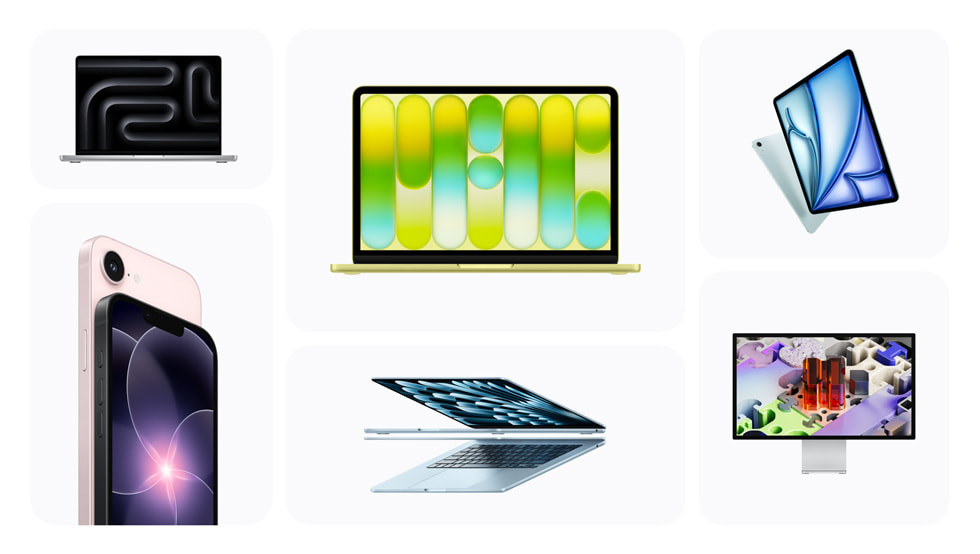 左上から時計回りに表示されているAppleの新製品：MacBook Pro、MacBook Neo、iPad Air、Studio Display XDR、MacBook Air、iPhone 17e。