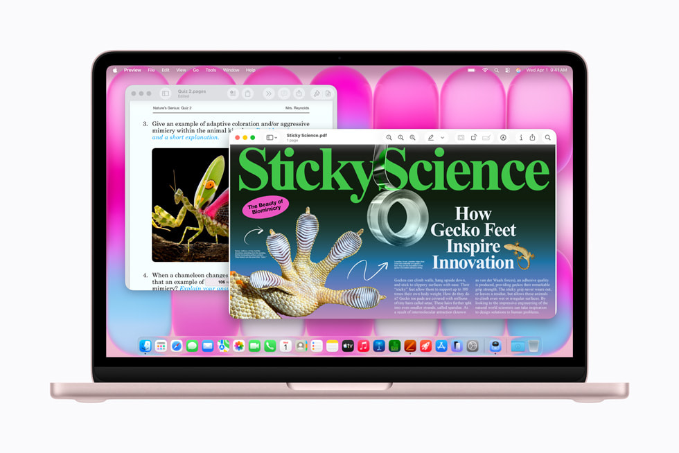Una persona crea una presentación titulada “Sticky Science” en una MacBook Neo rosa rubor.