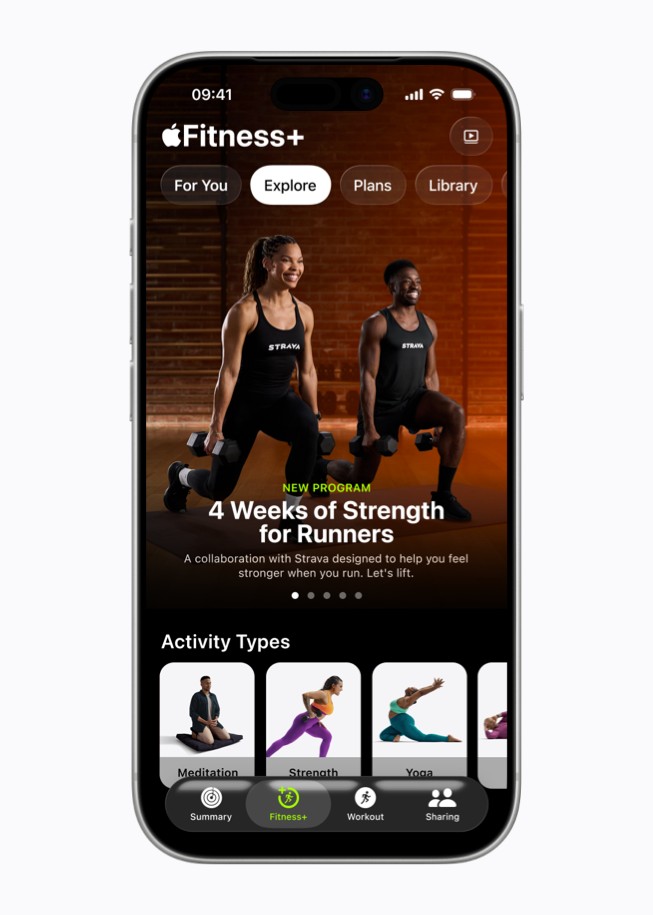 iPhone shows an Apple Fitness+ screen featuring the 4 Weeks of Strength for Runners: A Collaboration with Strava program.