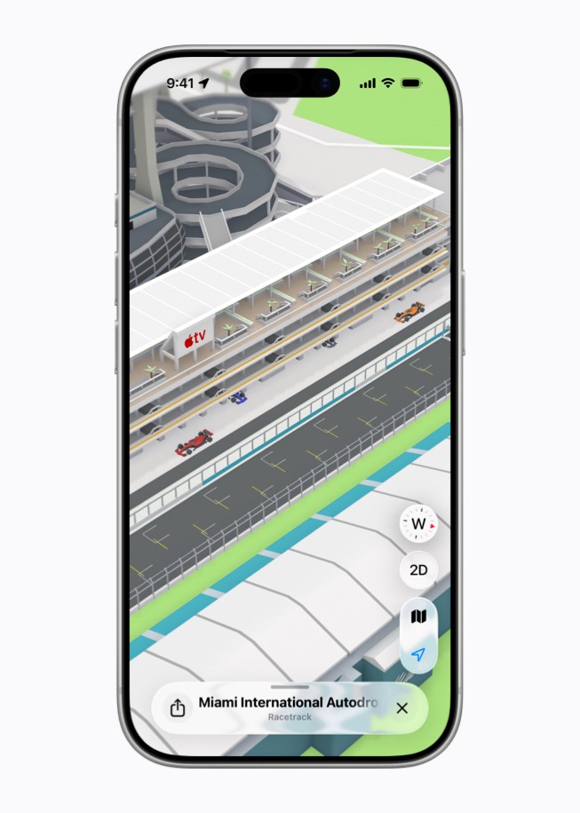 iPhone shows an Apple Maps screen featuring the Miami International Autodrome circuit with the F1 pit building in view.