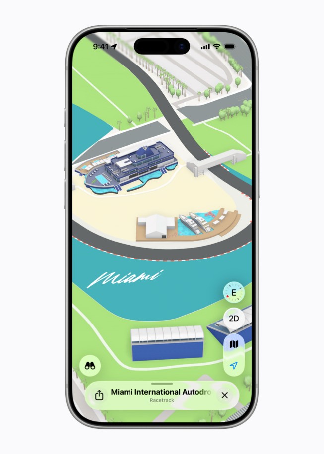 iPhone shows an Apple Maps screen featuring the Miami International Autodrome circuit with the marina in view.