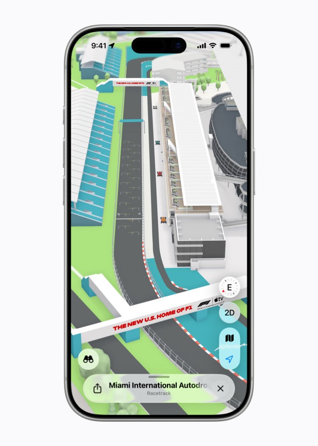 iPhone shows an Apple Maps screen featuring the Miami International Autodrome circuit with grandstands and the F1 pit building in view.