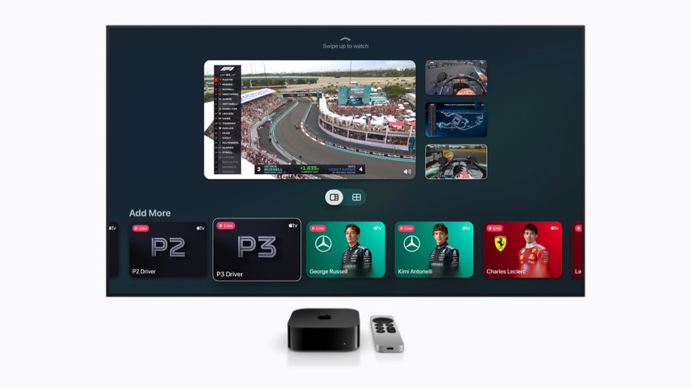The Apple TV Multiview experience is shown during an F1 race, with the option to add more driver feeds.