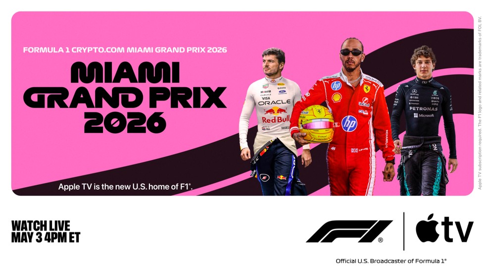 A graphic shows F1 drivers Max Verstappen, Lewis Hamilton, and Andrea Kimi Antonelli, along with the text “Miami Grand Prix 2026.”