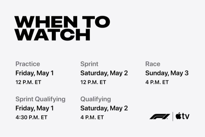 A graphic shows the following dates and times for sessions at the Miami Grand Prix: Practice, Friday, May 1, at 12:30 p.m. ET; Sprint Qualifying, Friday, May 1, at 4:30 p.m. ET; Sprint, Saturday, May 2, at noon ET; Qualifying, Saturday, May 2, at 4 p.m. ET; and Race, Sunday, May 3, at 4 p.m. ET.