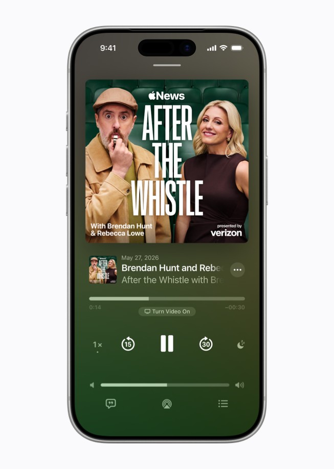 A screen on iPhone 17 Pro shows an episode of ‘After the Whistle with Brendan Hunt and Rebecca Lowe.’