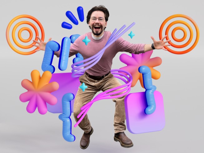 Anton Baranov jumps excitedly, surrounded by colourful 3D illustrations representing presentation elements like code braces and targets.