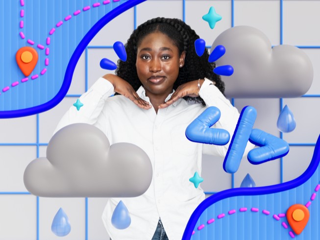 Karen-Happuch Peprah Henneh is surrounded by 3D illustrations of a rain cloud and a map showing a path from a starting point to a destination pin, representing a flood evacuation app.