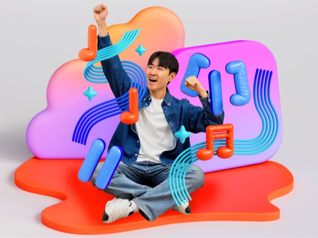 Yoonjae Joung cheers with one arm raised, surrounded by colourful 3D illustrations of musical notes, a viola, and sound waves.