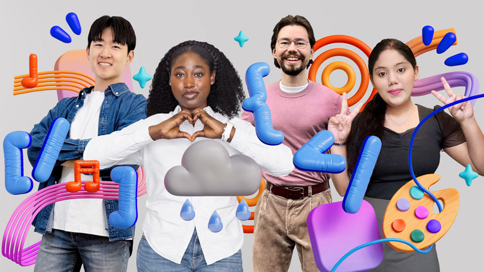 A colourful collage featuring 2026 Swift Student Challenge Distinguished Winners Yoonjae Joung, Karen-Happuch Peprah Henneh, Anton Baranov, and Gayatri Goundadkar.