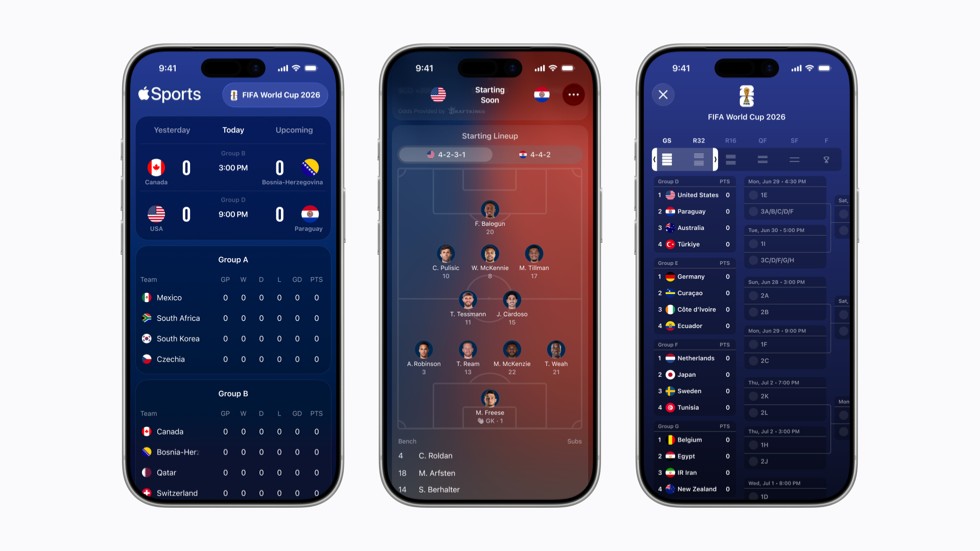 Three iPhone 17 Pro devices show the Apple Sports app experience, including scores from a user’s favorite teams, the starting lineup for a soccer match, and the World Cup groups.