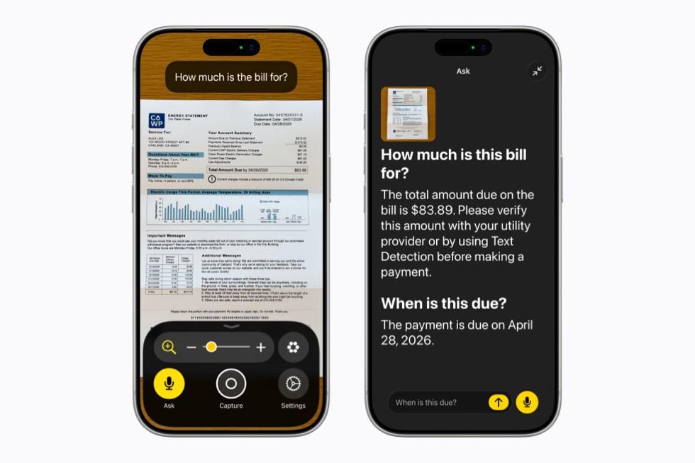 An iPhone screen on the left shows the Magnifier app capturing an energy bill as the user asks “How much is the bill for?” while an iPhone screen on the right provides a detailed response about the total amount due as well as the due date.