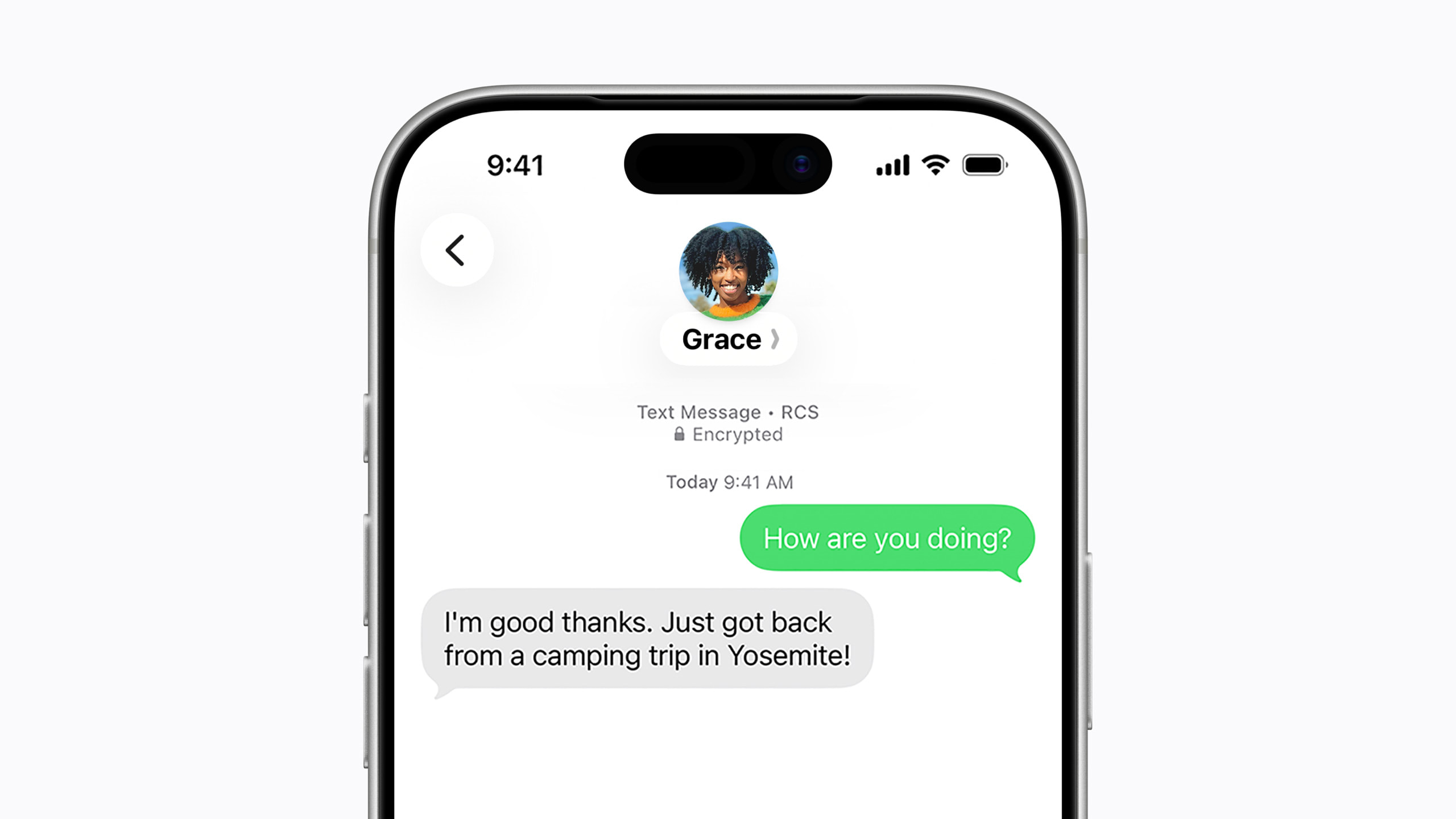 A screenshot of iPhone 17 Pro showing an end-to-end encrypted RCS chat conversation. The message ‘How are you doing?’ is visible.