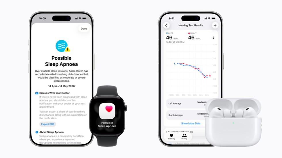 Two iPhone 17 Pro devices, Apple Watch, and AirPods Pro 3 show the sleep apnea notifications and Hearing Test features.