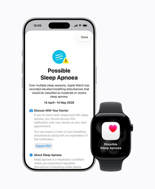 iPhone 17 Pro and Apple Watch show the Health app, where a user’s breathing disturbance data shows “Possible Sleep Apnoea.”