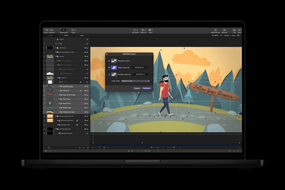 MacBook Pro shows the Distribute Layers feature in Motion.