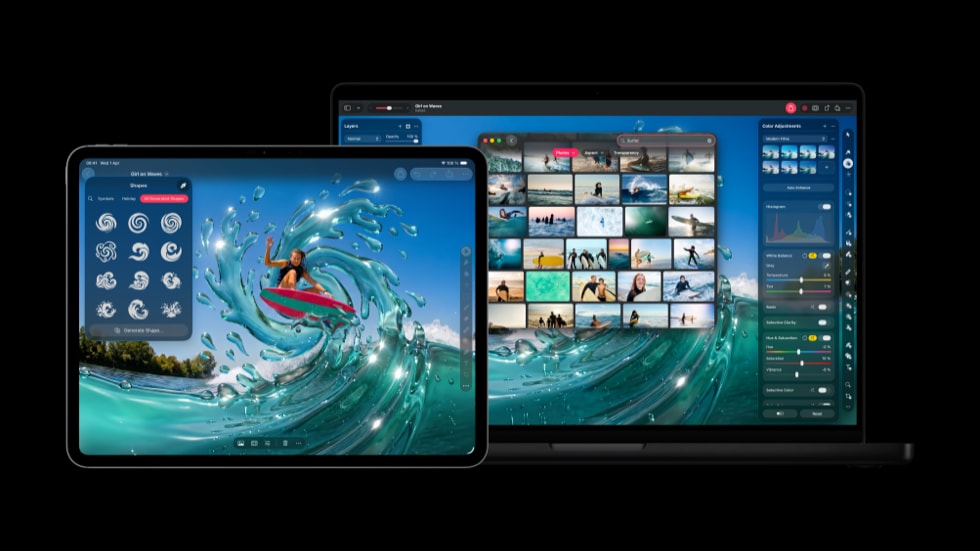 The ability to generate shapes is shown on iPad Pro, and the Content Hub is shown on MacBook Pro.
