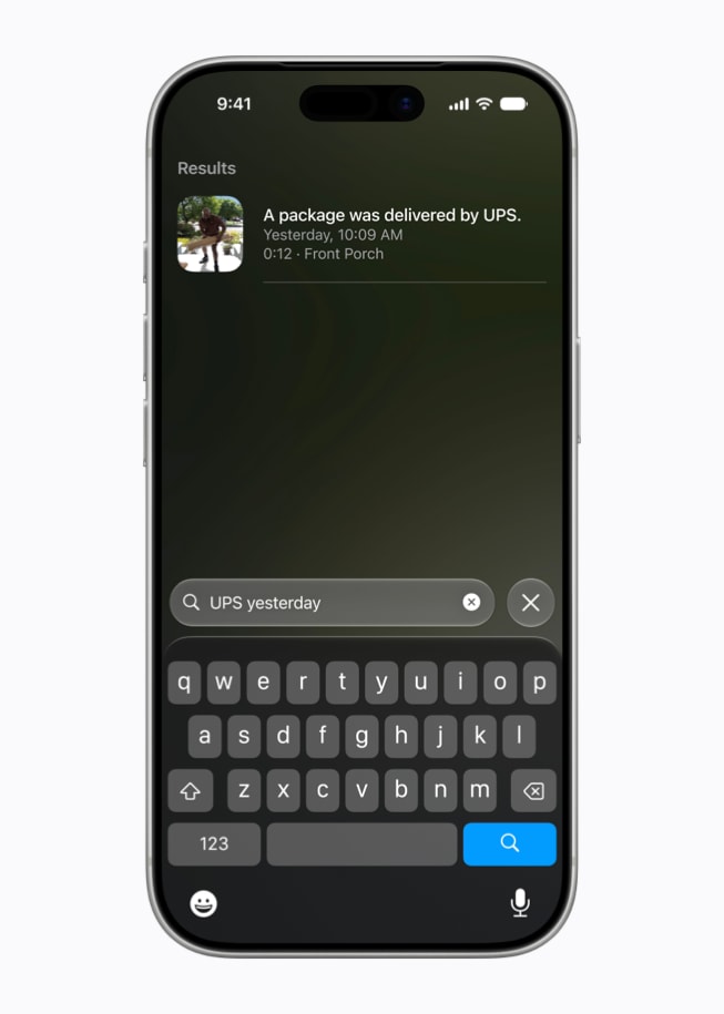 An iPhone 17 Pro screen shows the search interface within the Home app, with a keyboard visible.