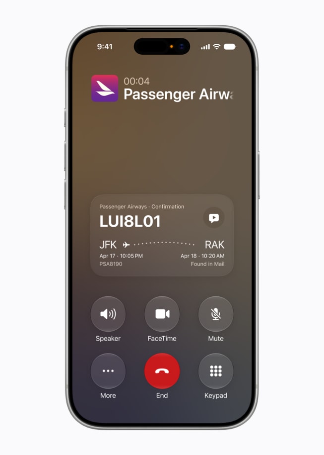 An iPhone 17 Pro screen during a phone call shows the Call Context feature displaying a flight confirmation code found in Mail.