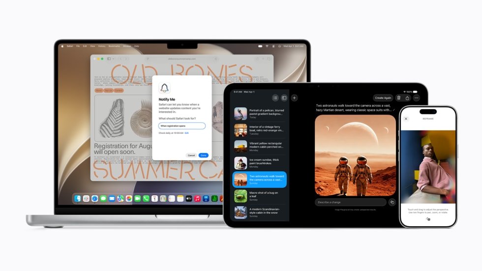 An Apple Vision Pro headset, a 14-inch MacBook Pro, an 11-inch iPad Pro, and an iPhone 17 Pro display various user interfaces for Apple Intelligence.