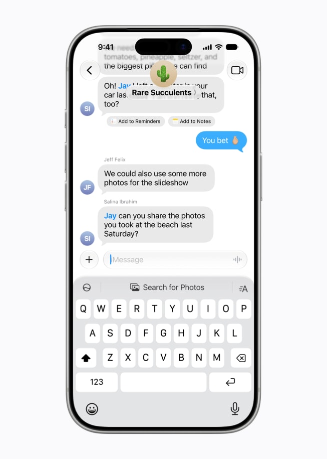 An iPhone 17 Pro screen shows a Search for Photos suggestion within the Messages app, with a keyboard visible.