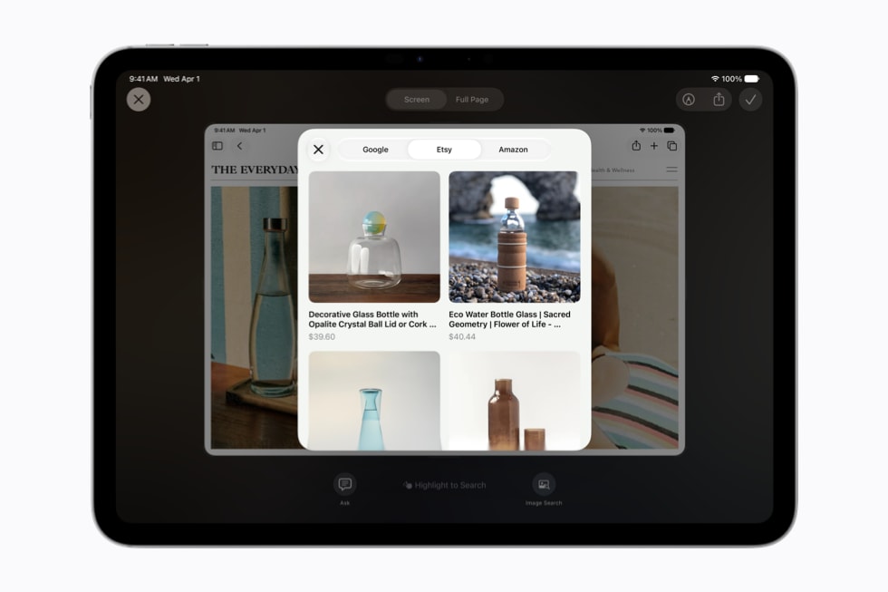 An iPad screen showing Siri’s multitasking capabilities with several apps open, including Photos and Safari.