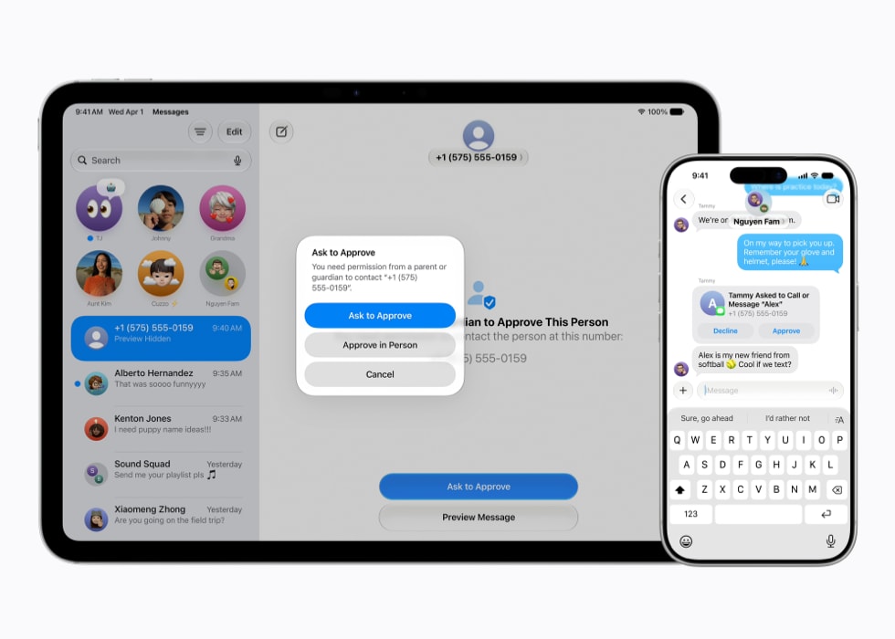 An 11-inch iPad Pro shows an Ask to Approve prompt in Messages, and beside it, iPhone 17 Pro shows the corresponding approval request, also in Messages.