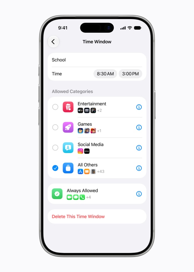 A screen on iPhone 17 Pro shows options for setting up a Time Window.