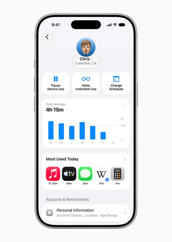 A screen on iPhone 17 Pro shows the redesigned Screen Time experience displaying daily average usage, most used apps, and controls to pause the device.