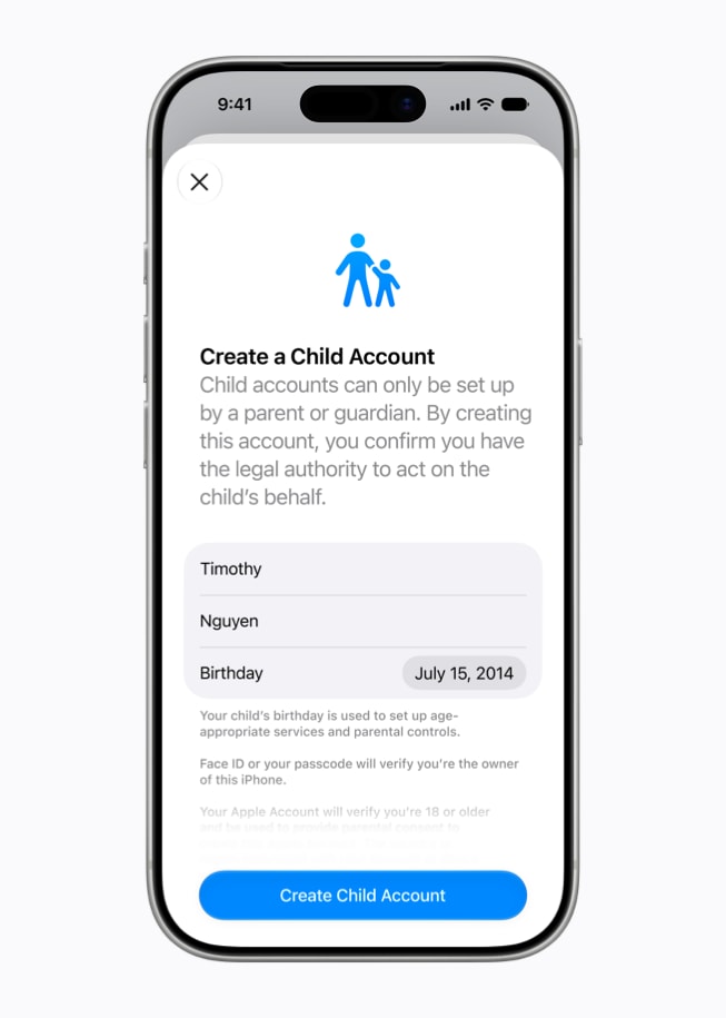 A screen displayed on iPhone 17 Pro shows the Create a Child Account interface, with fields for name and birthday.