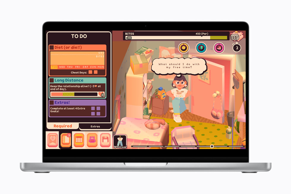 The Consume Me app on a 14-inch MacBook Pro shows an overhead view of a game character in a cluttered bathroom.