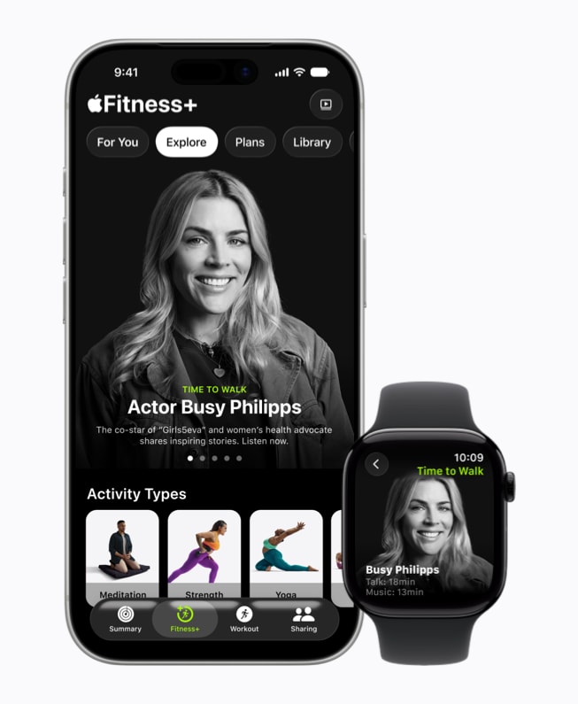 iPhone 17 Pro and Apple Watch show key art from the Busy Philipps episode of Time to Walk.