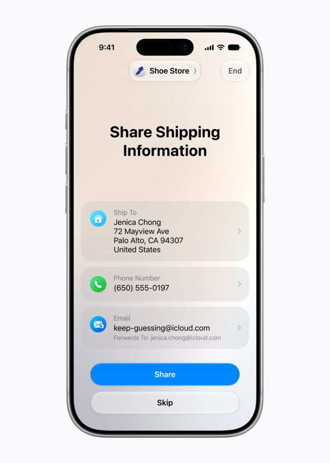iPhone 17 Pro shows a prompt to share a user’s shipping information with a shoe store.