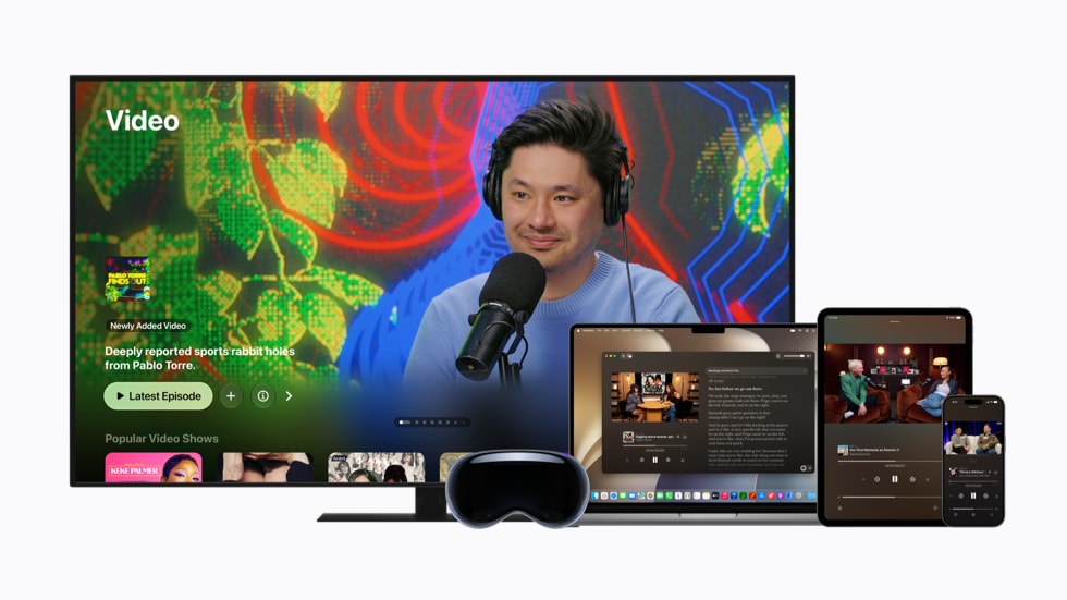A TV, Apple Vision Pro, MacBook, iPad, and iPhone are all pictured, with screens showing videos of various podcasts.