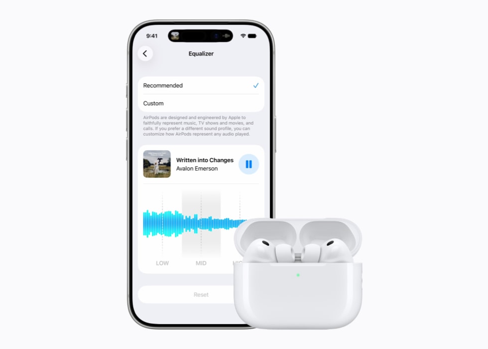 iPhone 17 Pro is pictured next to AirPods and features an audio customization screen.