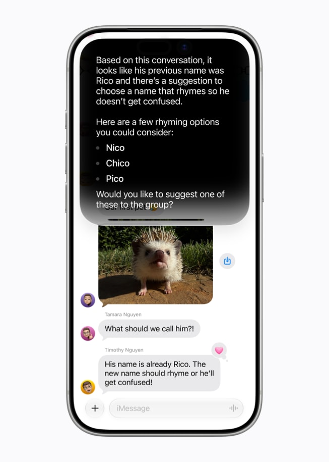 iPhone 17 Pro shows a Siri AI screen featuring a suggested response over a conversation in Messages.