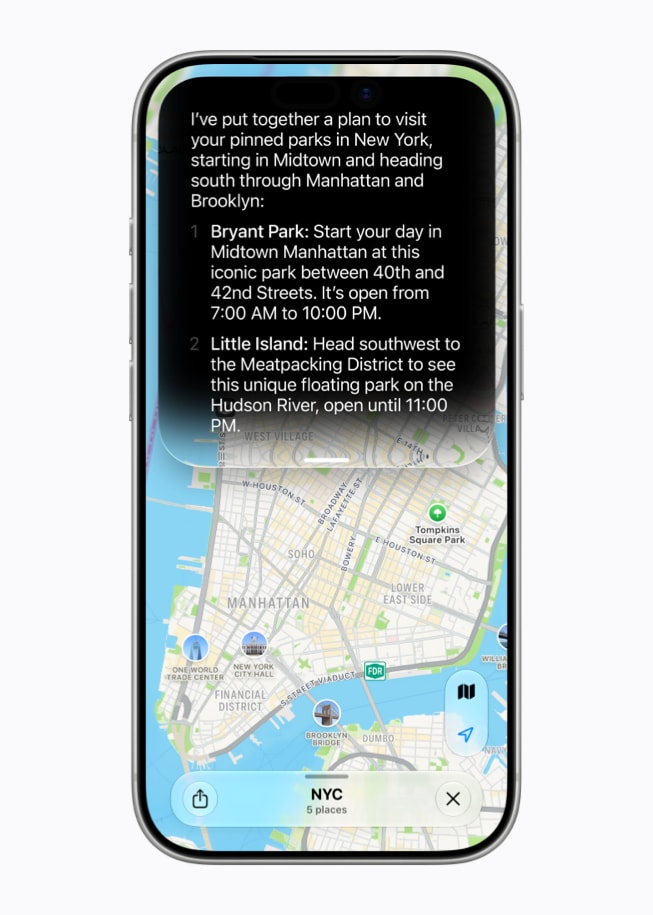 iPhone 17 Pro shows a Siri AI screen featuring a suggested itinerary for a day in New York City.