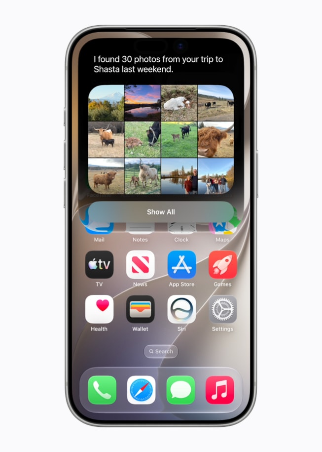 iPhone 17 Pro shows a Siri AI screen featuring a search of photos from the previous weekend, with subject matter and specific people called out in the search.
