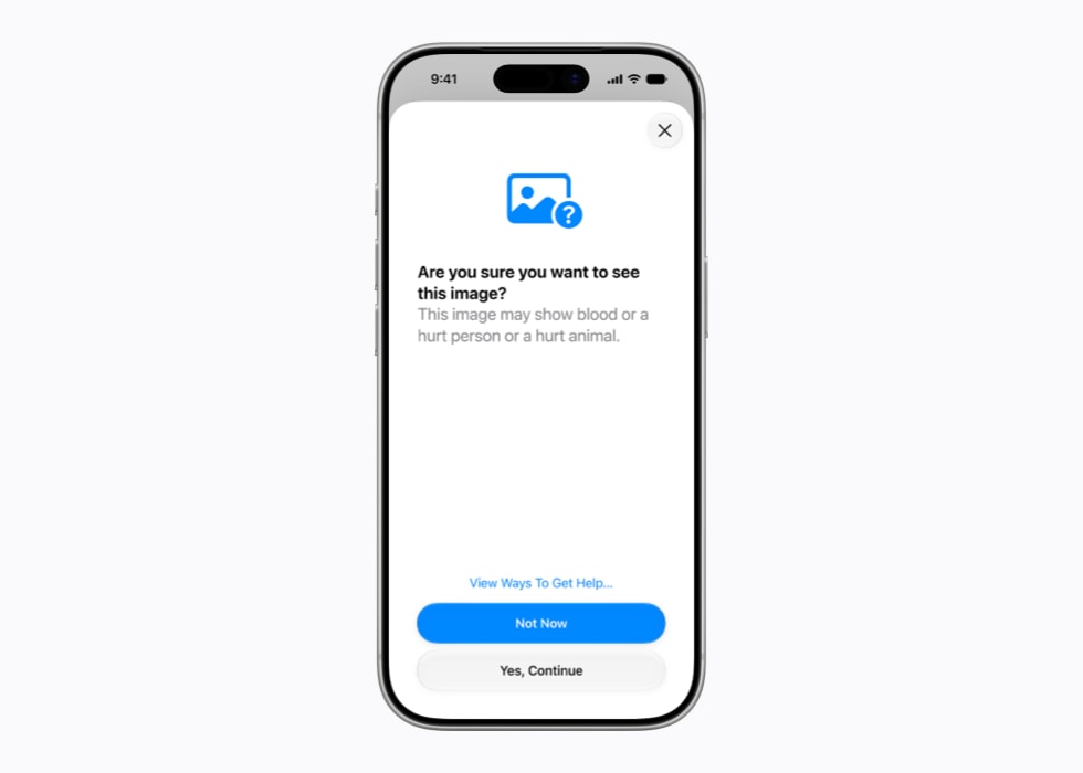 iPhone 17 Pro shows a Communication Safety screen that says, “Are you sure you want to see this image? This image may show blood or a hurt person or a hurt animal.”