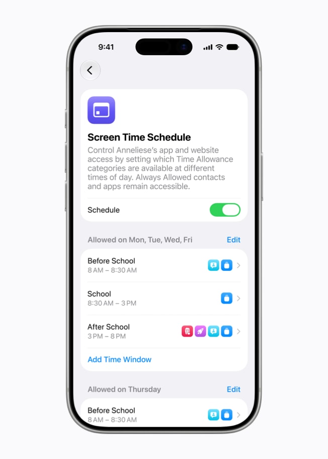 iPhone 17 Pro shows a screen that prompts the user to set when and for how long a child can use various categories of apps and websites.