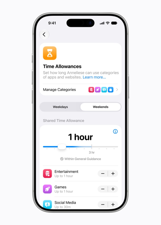 iPhone 17 Pro shows a Time Allowances screen with the prompt to set how long a child can use apps and websites within various categories, including Entertainment, Games, and Social Media.