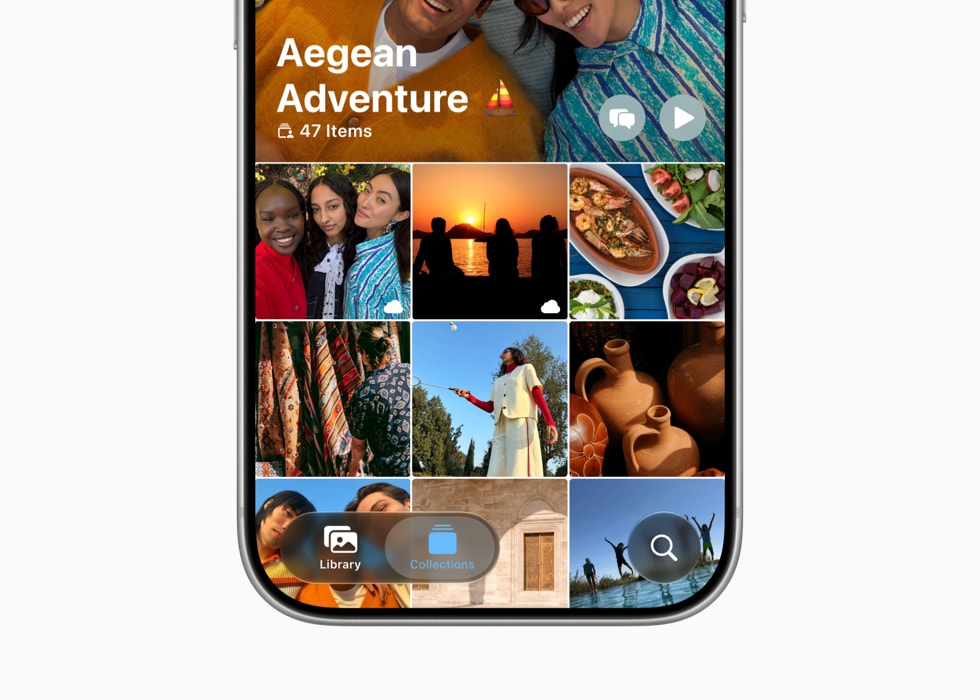 iPhone 17 Pro shows an album in Photos called “Aegean Adventure.”