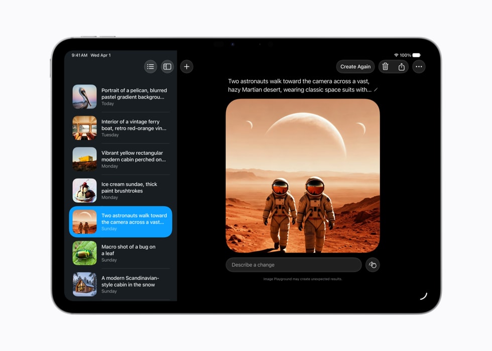An Image Playground screen shows a generated image of two astronauts wearing classic spacesuits and walking across a Martian desert with the option to describe a change.