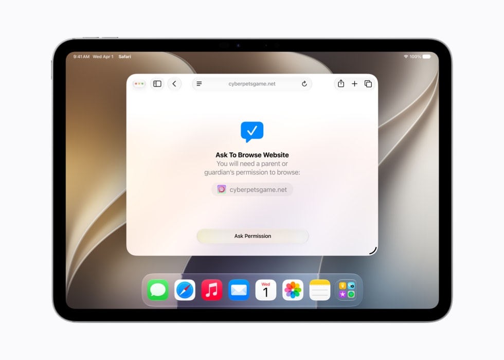 iPad shows an Ask to Browse prompt that says “You will need a parent or guardian’s permission to browse” above a website.