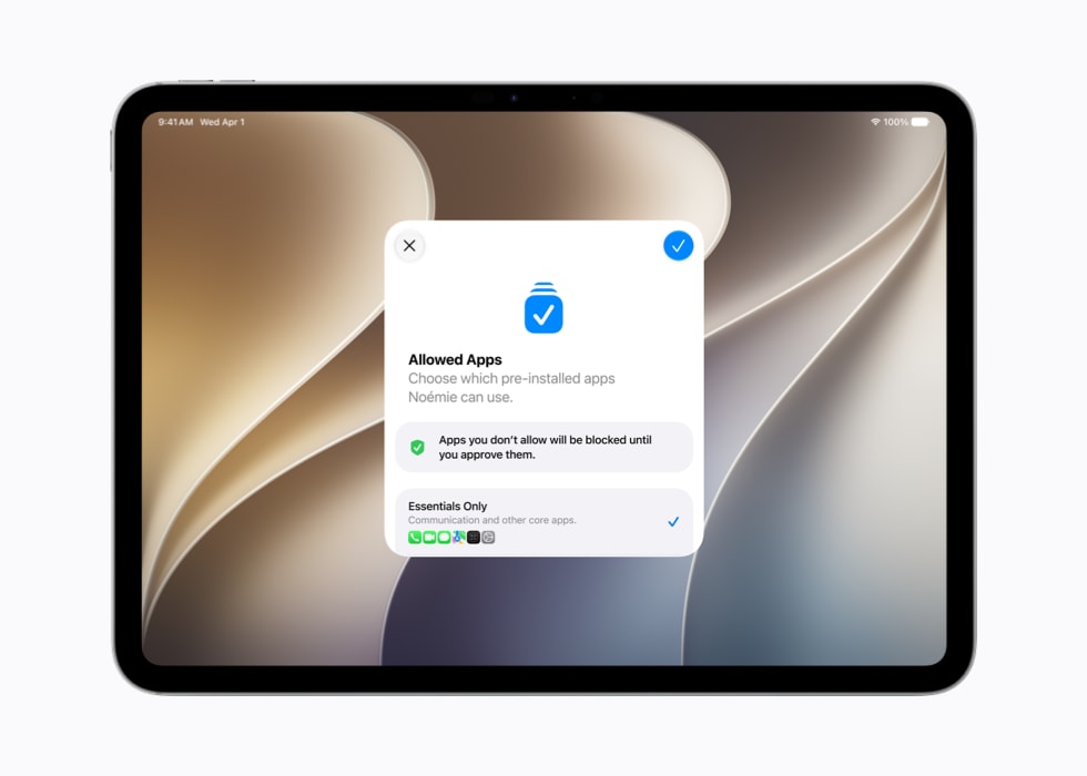 iPad shows a screen that says “Allowed Apps” and prompts the user to choose which pre-installed apps a child can use.